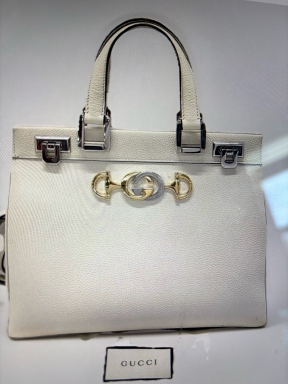 Gucci White Leather Zumi Tote with Mixed Metal Horsebit